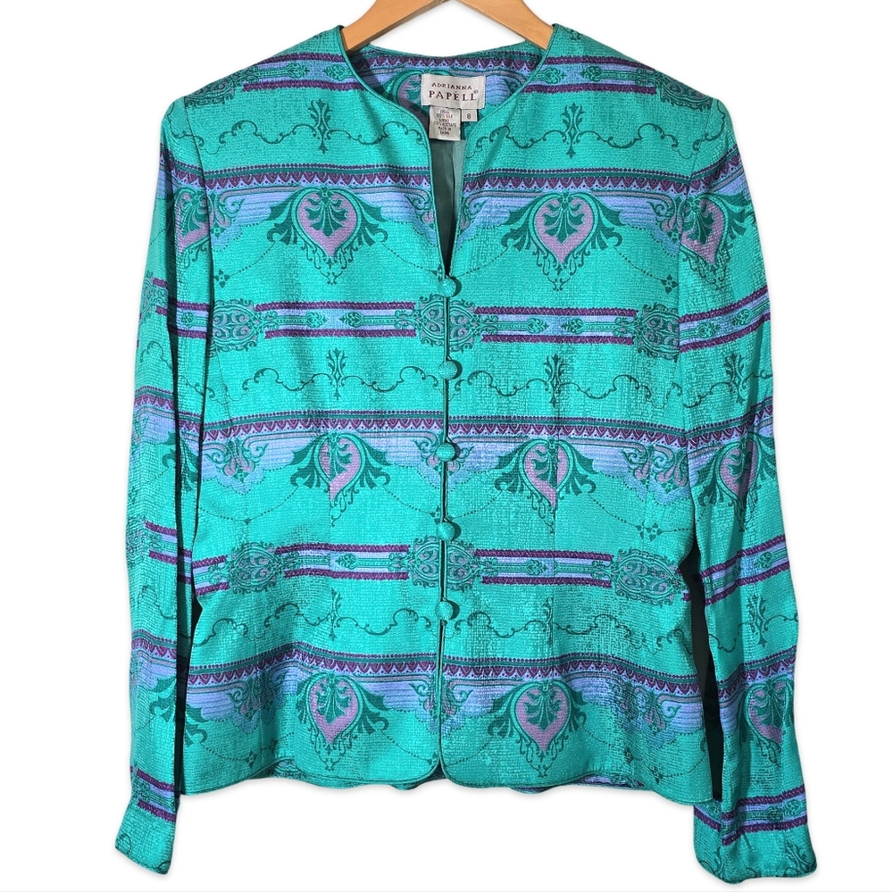 EUC Adrianna Papell 100% Silk Vintage Blouse Top Shoulder Pad Printed Green Sz 8